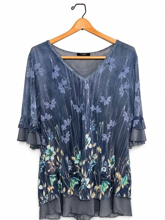 Valolia Tops - Valolia Women's Blue Gray Floral Blouse XL Ruffle Sleeve Layered Chiffon Tunic T